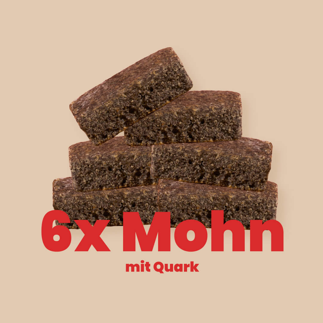 6er-Paket Quark-Mohn Kuchen: sechs Kuchen der Sorte Quark-Mohn gestapelt, darunter steht: 6x Mohn mit Quark – Kuchen ohne Mehl und Zucker