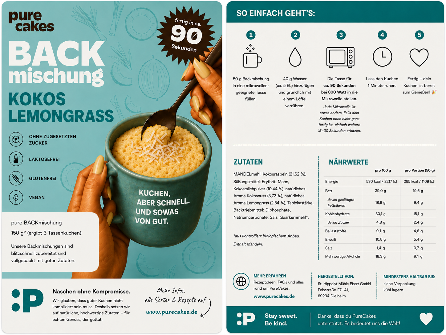 3 x 90 sek. Tassenkuchen Kokos Lemongrass - BACKmischung (nur Wasserzugabe!)