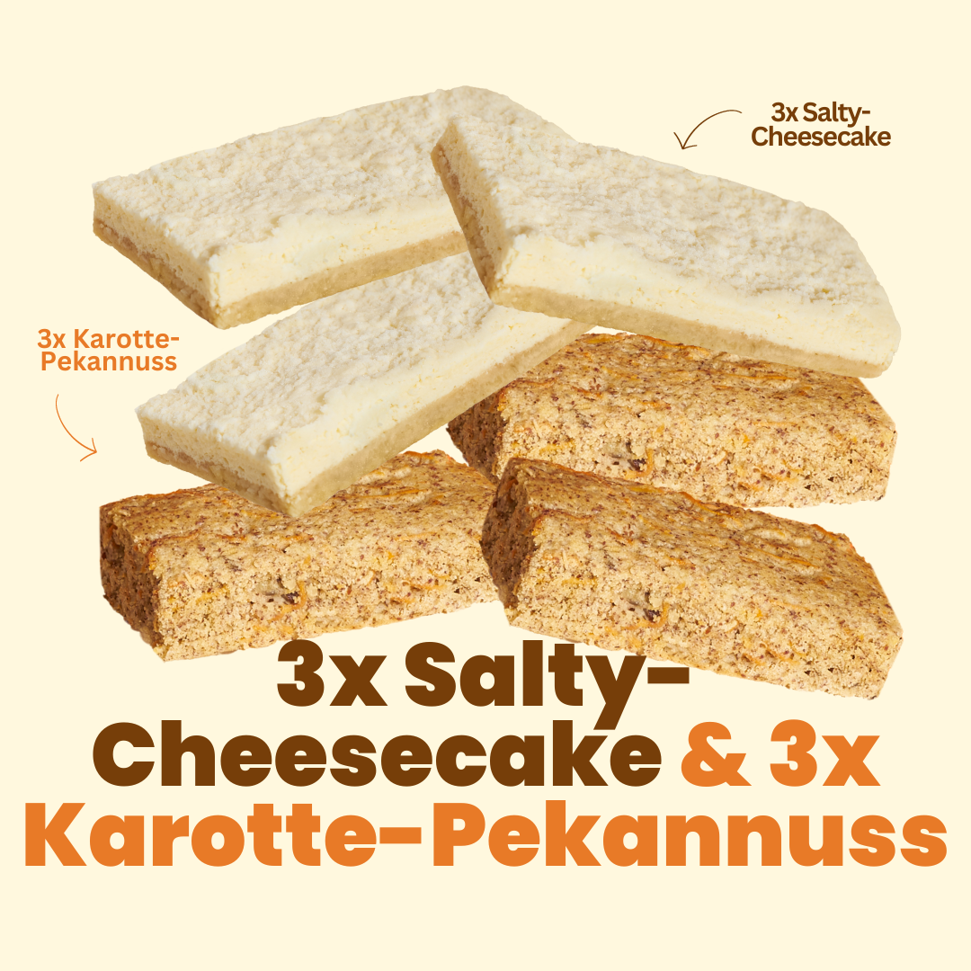 3 Stücke Salty-Cheesecake in Kombination mit 3 Stücken Karotte-Pekannuss.