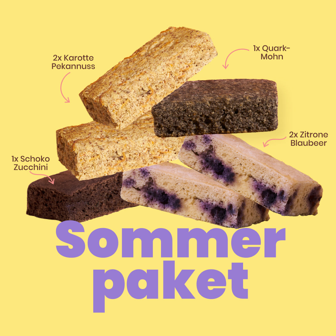 6er Sommerpaket gemischt mit allen PureCakes Sorten, entweder einmal oder zweimal, insgesamt 6 Kuchen ohne Mehl und Zucker
